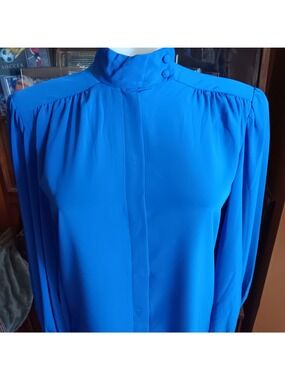 Secretary Blouse Sz 4 True Vintage 1980's Anne Klein Royal Blue High Neck USA